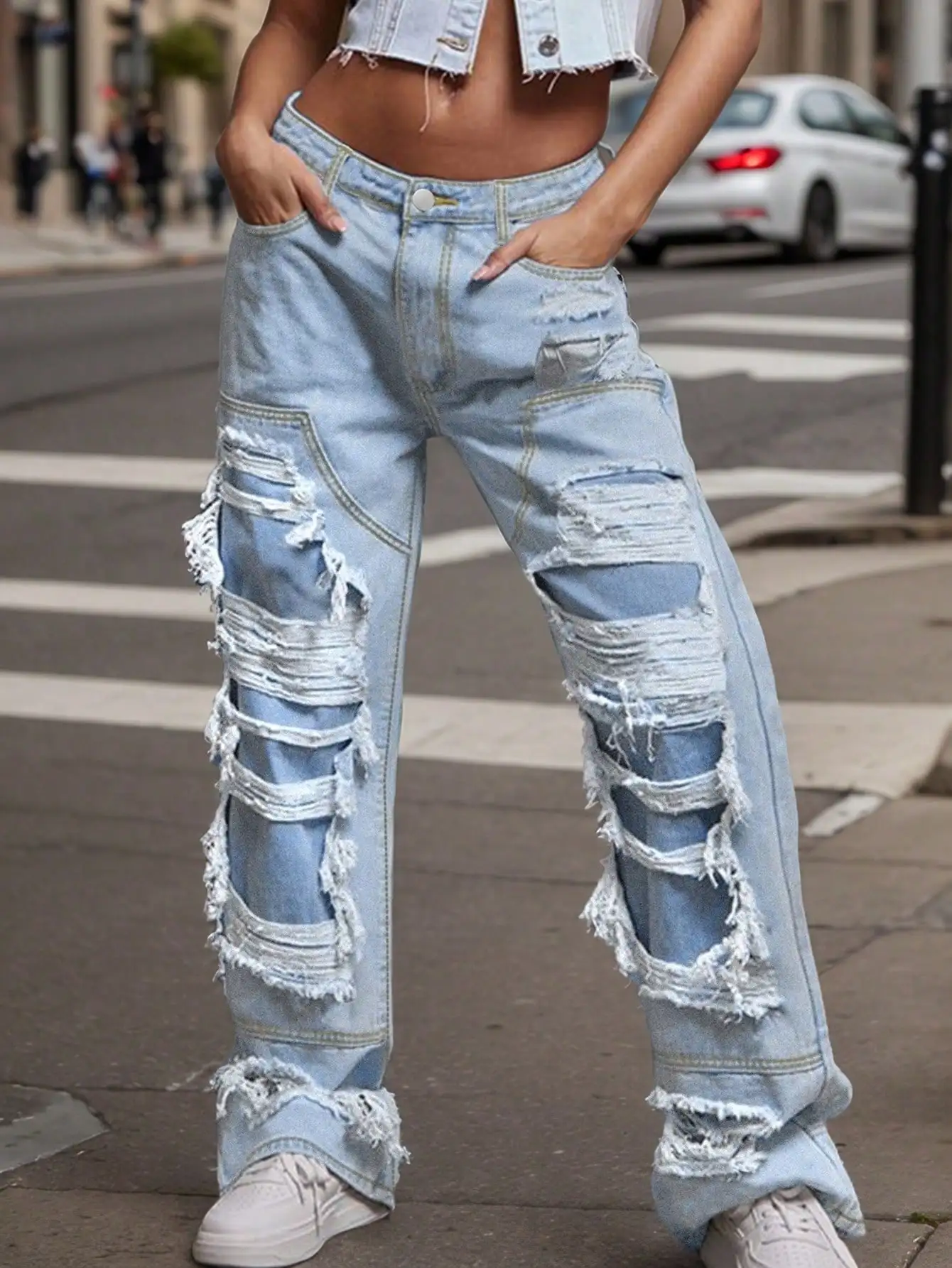 2000s Retro Style Double - Layer Ripped Jeans Similar to Zhou Yangqing's, Hip - Hop Clown Jeans, Women's Retro Y2K Loose Denim T