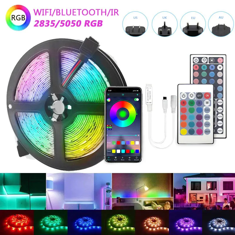 Fita de diodo emissor de luz impermeável, RGB 5050 2835, Luz de quarto, Wi-Fi, Bluetooth, ao ar livre, 12V, 5m, 10m, 15m, 20m, 25m, 30m