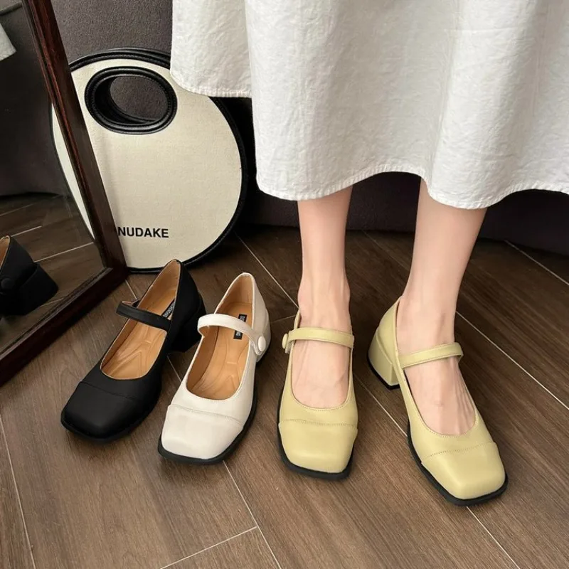 

Square Toe Marie Janes High Heels Shoes Summer Women Shallow Shoes 2025 New Designer Dress Shoes Elegant Pumps Femme Spring Fall