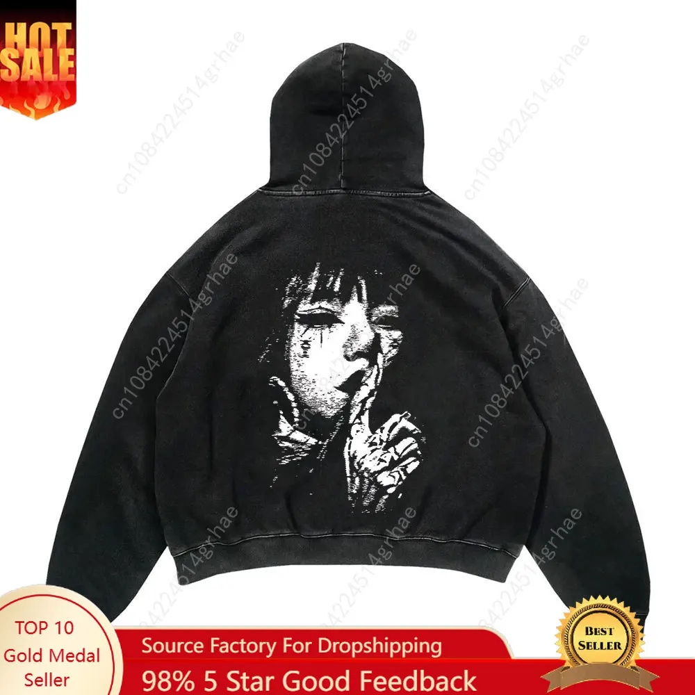 

Men's Y2K Vintage Washed Hoodie Harajuku Autumn Winter Cotton Print Hooded Sweatshirt Hip Hop Gothic Unisex Streetwear Pullover