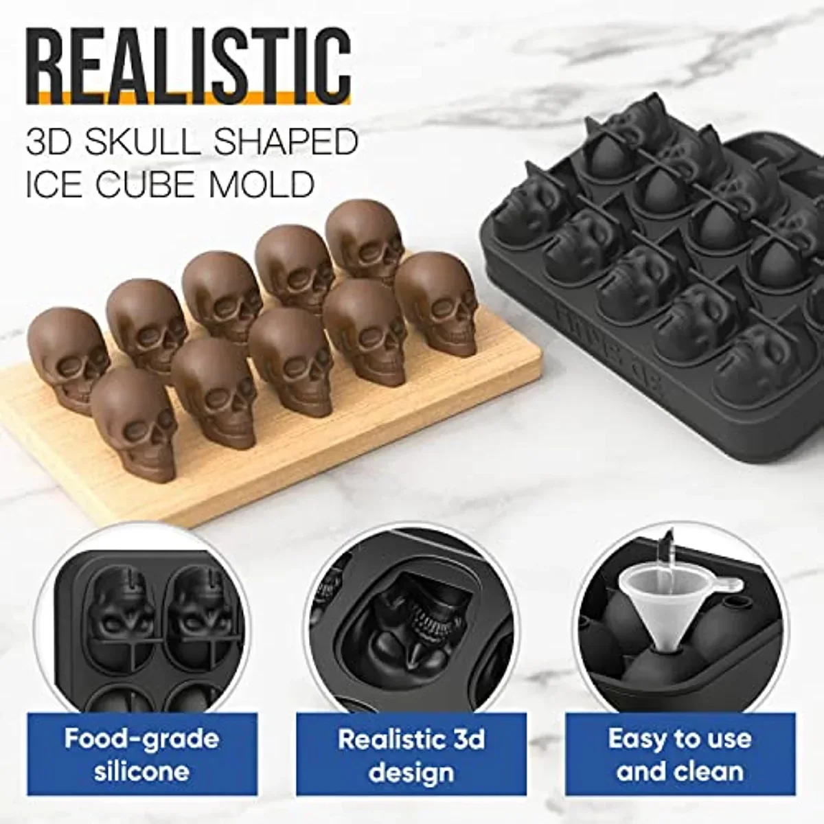 Ice Machine Mold for Whiskey - 10 Cavity Skull Ice Cube Tray with Funnel - Skull Silicone Mold for Baking, Chocolate