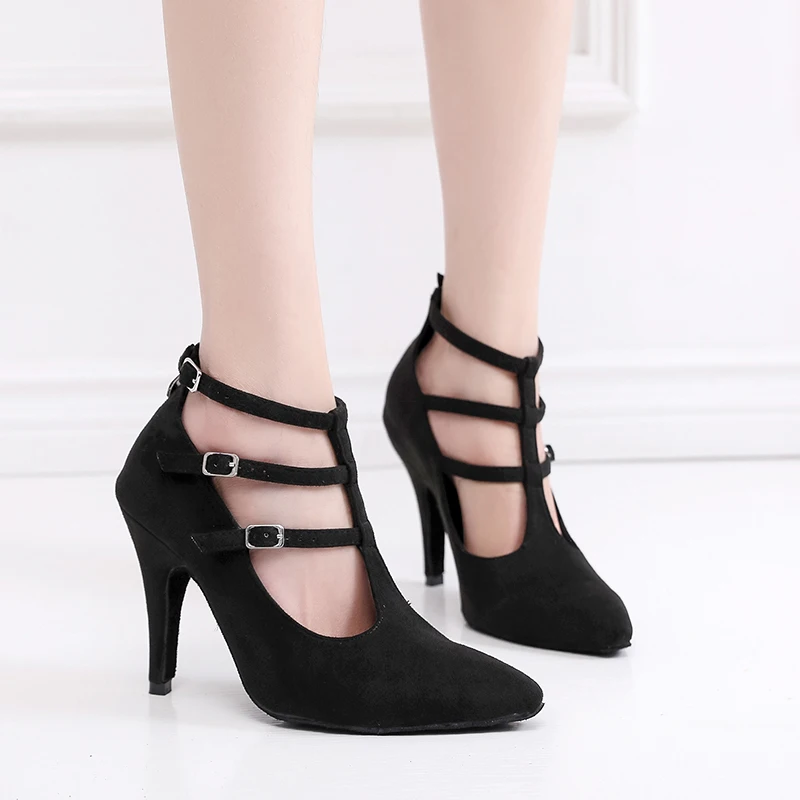 Woman Black Dance Shoes Girls High Heels Suede Rubber Summer Sandals Salsa Jazz Latin Leathered shoes6-11cm