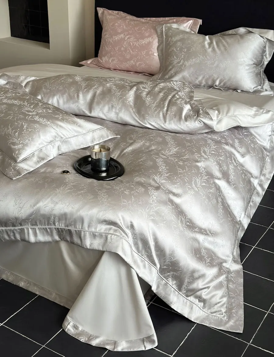 Elegante Jacquard Flower Bedding Set, rosa e cinza, algodão Folha de cama, Pillow Case, Luxo Duvet Cover, completa, rainha e King Bed, Florid