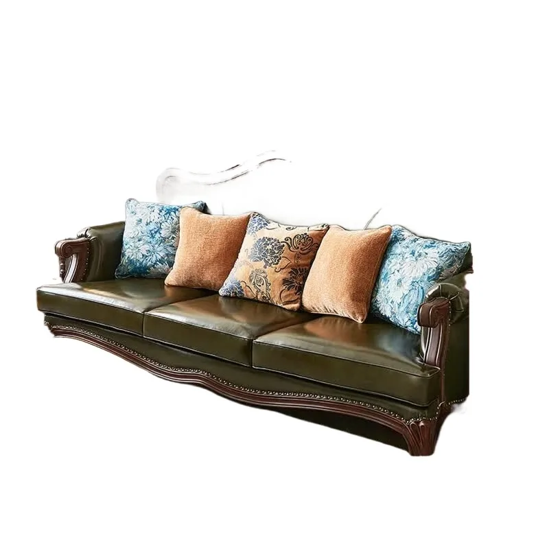 The first layer of cowhide leather dark green living room household walnut wood all solid wood three-person sofa