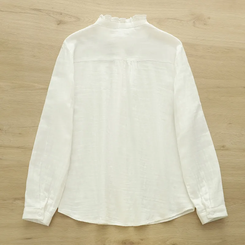 レディース向けダブルレイヤーコットン糸使用ホワイトシャツ、日本風エレガントなスタンドカラー長袖ブラウス、ベースシャツ
