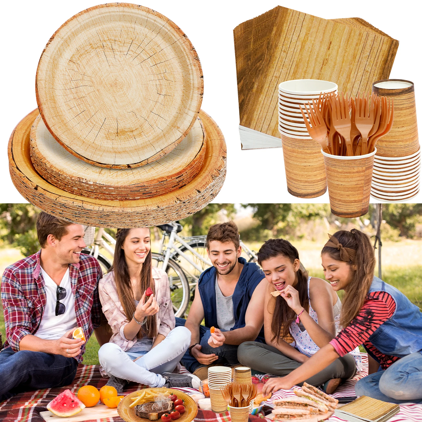 

144Pcs Wood Grain Tableware Set Reusable Camping Party Dinnerware Supplies Safe Dessert Plates with Cups Forks and Napkins
