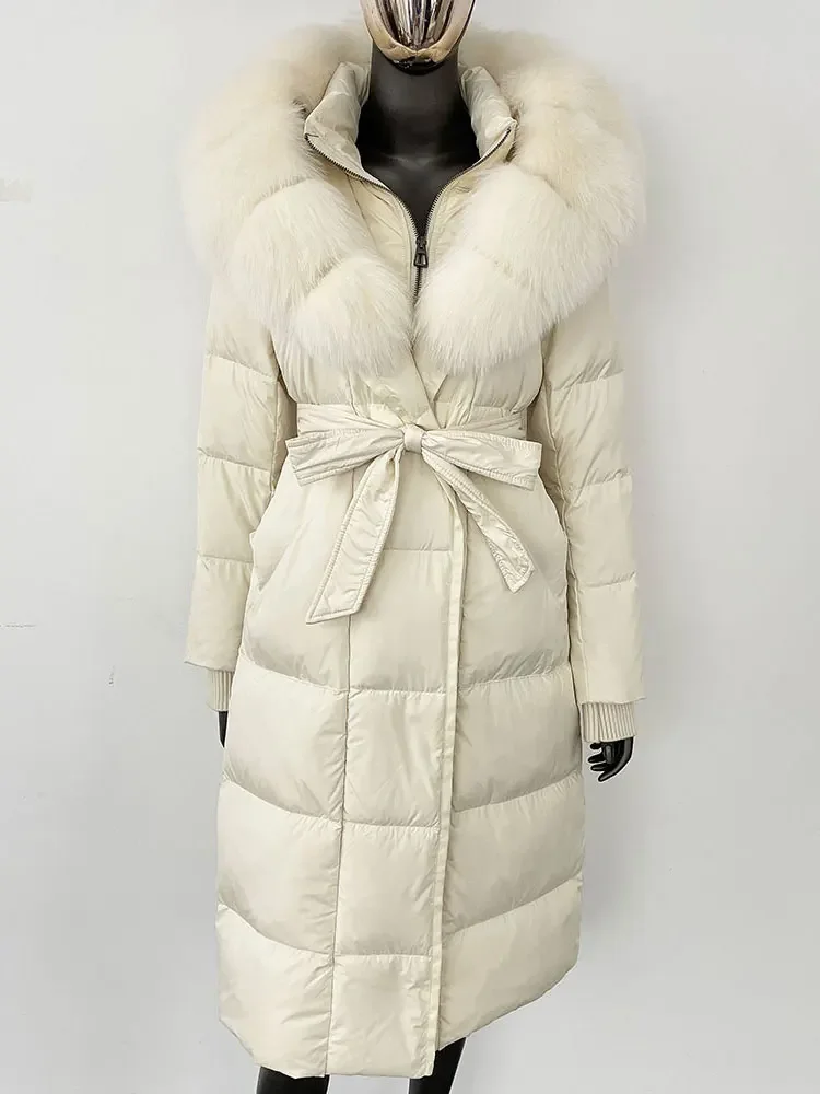 Longue à capuche doudoune femmes nouveau hiver chaud blanc doudoune d'oie femmes réel manteau de fourrure de renard femme manteau de fourrure naturelle