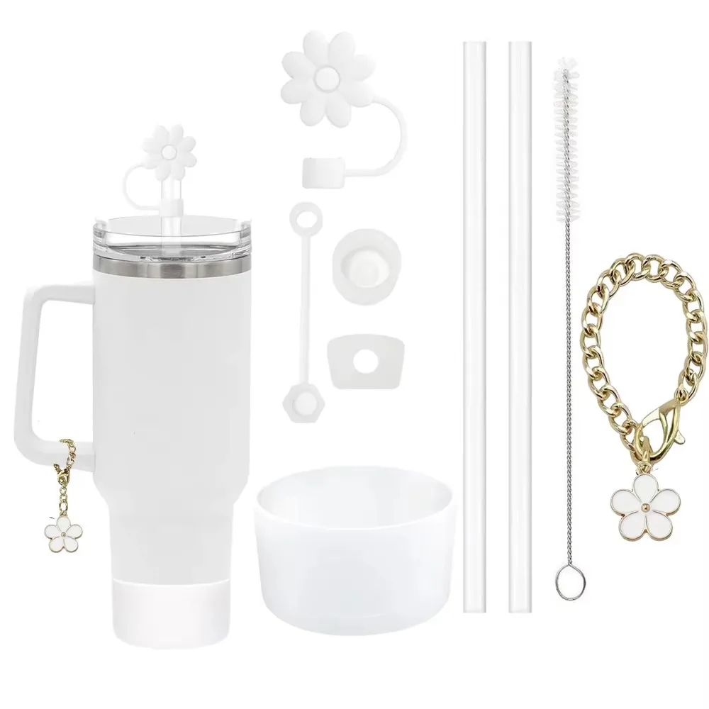 9pcs Accessories Set 2 Straw and Brush 3 Spill Proof Stopper Flowers Straw Cover Boot and 1 Flower Charm Chain for Stanley Cup