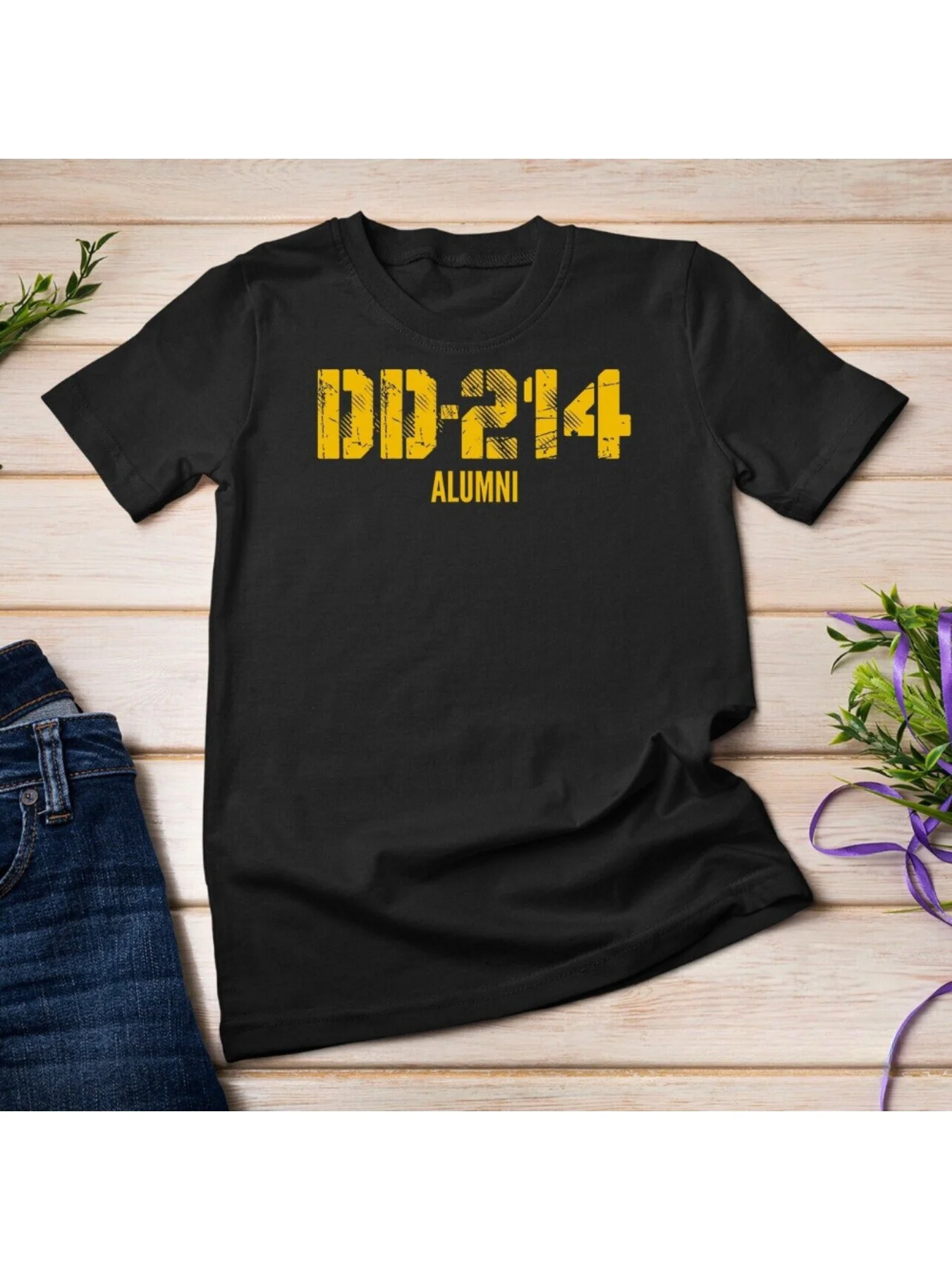 DD-214 Alumni Style Military Uniform T-Shirt | Black with Yellow Letters, Casual and Comfortable, Suitable for All Seasons, Perfect for Festivals and Casual Wear