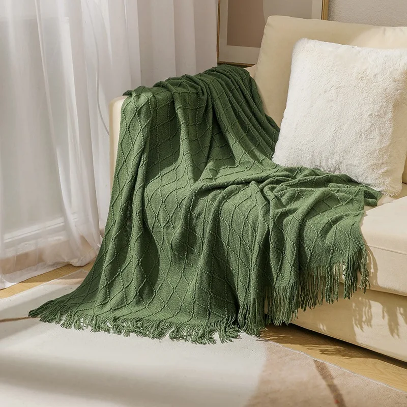 Nordic Knitted Throw Blanket with Tassels Soft Diamond Pattern Sofa Cover Bed Runner for Living Room Bedroom Cozy Home Decor