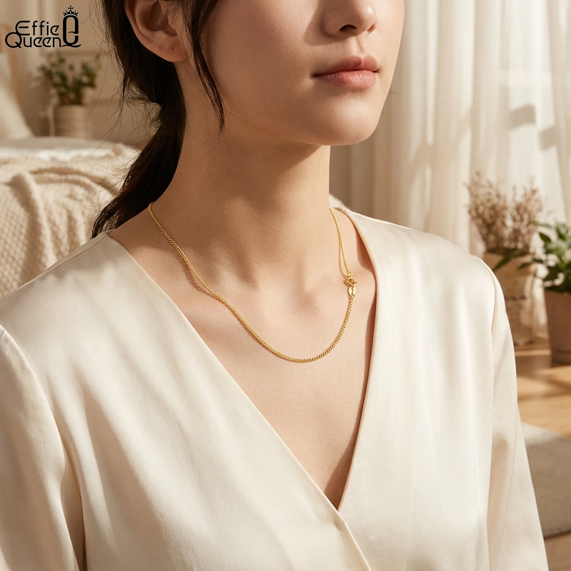 

Effie Queen Simple 925 Sterling Silver Rhodium Plated Neck Chain for Women Classic Cuban Link Chain Necklace Jewelry Gifts SC18