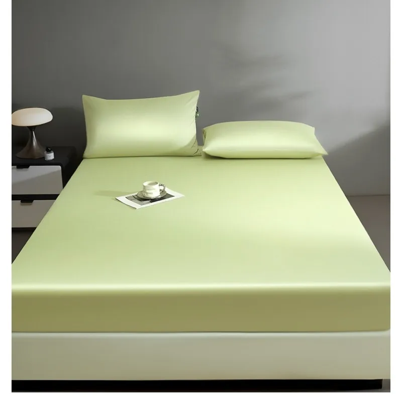 American Style Cooling Ice Silk Fitted Sheet Solid Color  Elastic Mattress Cover Soft Anti‑Slip Bed Sheet for Bedroom Dormitory