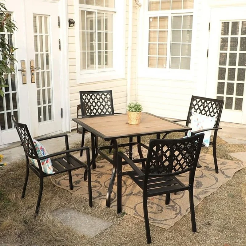 

5-Piece Round Patio Dining Set 4, 42 Black Metal Table & Chairs, Beehive Outdoor Furniture