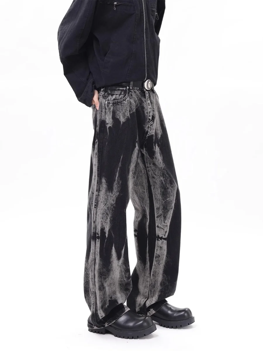 

Men's Straight Leg Dyed Spray Ink Denim Jeans Loose Fit Waed Autumn Winter New Sle American High Street Color Blo Slimm...