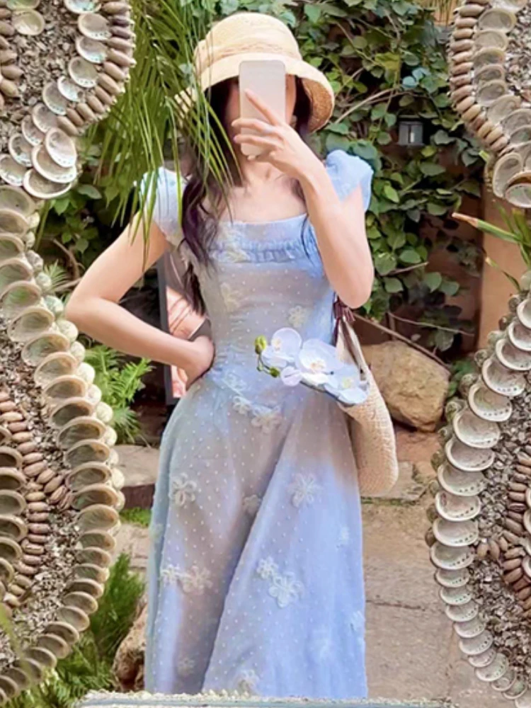 2024 Summer Slim Fench Dress Women Evning Party Elegant Floral Midi Dress Office Lady Casual Outwear Dress Korean Fashion Chic