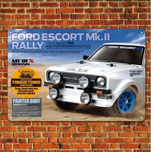 Metallposter Vintage RC-Auto Blechschild Plakette Tamiya Escort Rally MF01 Boxart-Aluminium