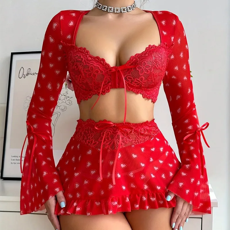 Conjunto erótico Sexy de 3 piezas, lencería Sexy transparente para mujer, sujetador de amor rojo, falda de encaje fruncida de retazos de malla, Tanga, traje Sexy nuevo
