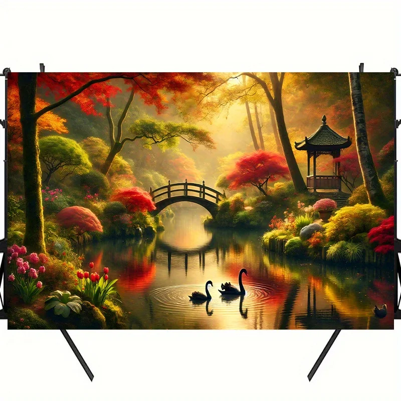 1pc Large Horizontal Maple Leaf & Duck Tapestry - Autumn Old Bridge River Scene Backdrop 7.0x5.0ft, Textured Light Beige-Friendl