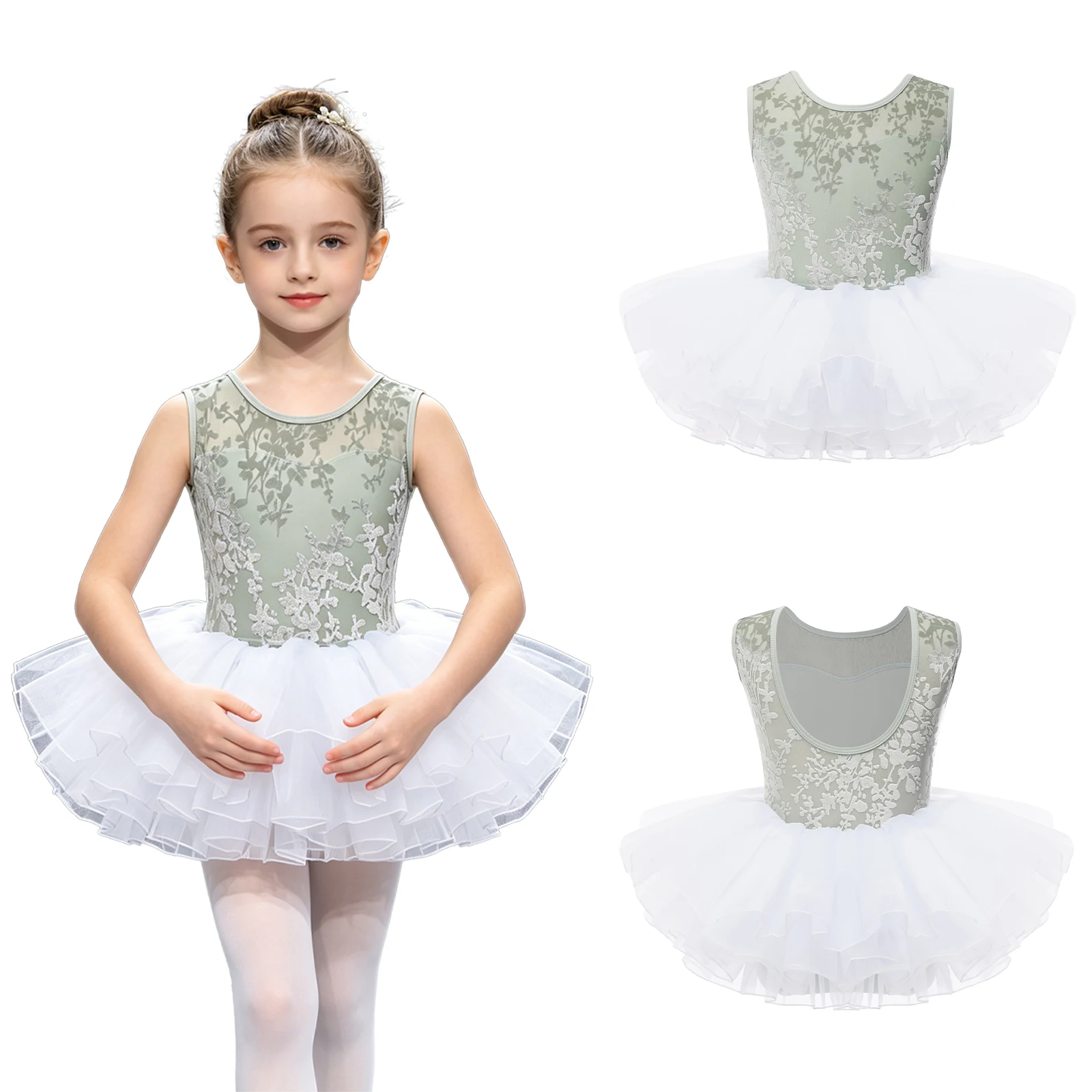 

Kids Girls Ballet Dance Tutu Ballerina Sets Performance Costume Sleeveless Press Button Crotch Jacquard Leotard with Tulle Skirt