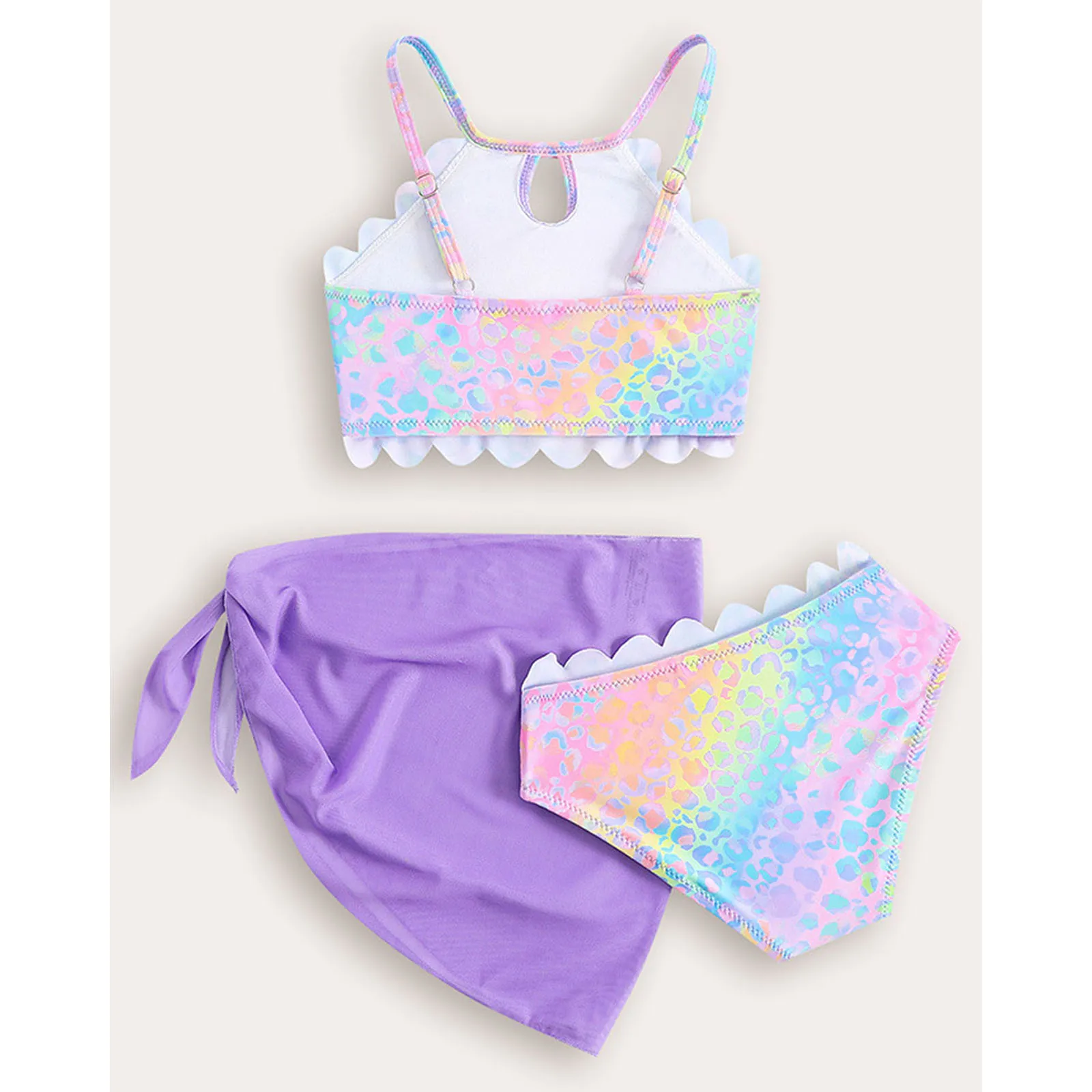 Kids Girls 3 Pieces Printed Bikini Swimsuits Swimwear Bathing Suit Waterdrop Top with Briefs and Tie-Up Mesh Skirt Cover-Ups
