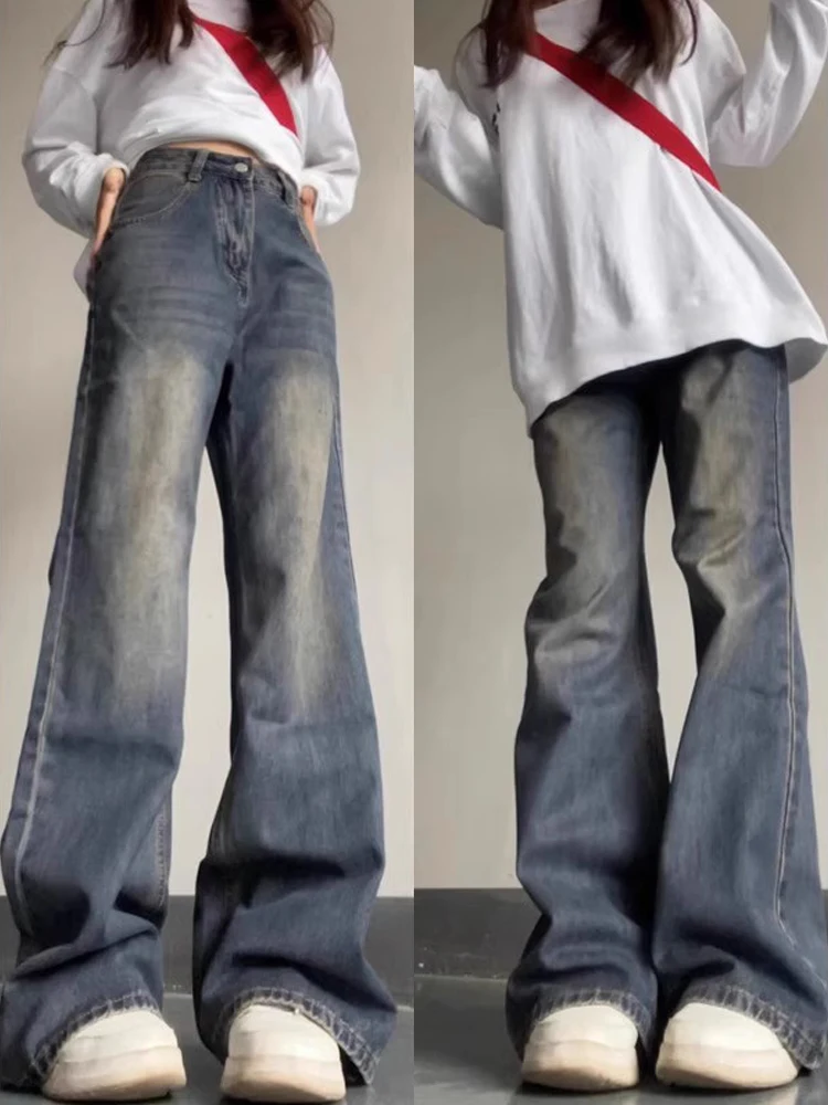 بنطال جينز نسائي أمريكي ريترو هاي ستريت مستقيم الساق واسع الساق تصميم خريفي إحساس أزرق دينم عالي الخصر طويل...