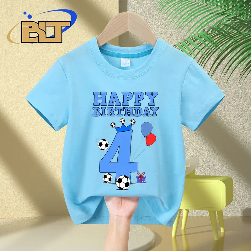 Camiseta de cumpleaños para niños de 4 años, tops casuales de manga corta de algodón para fanáticos del fútbol, Verano