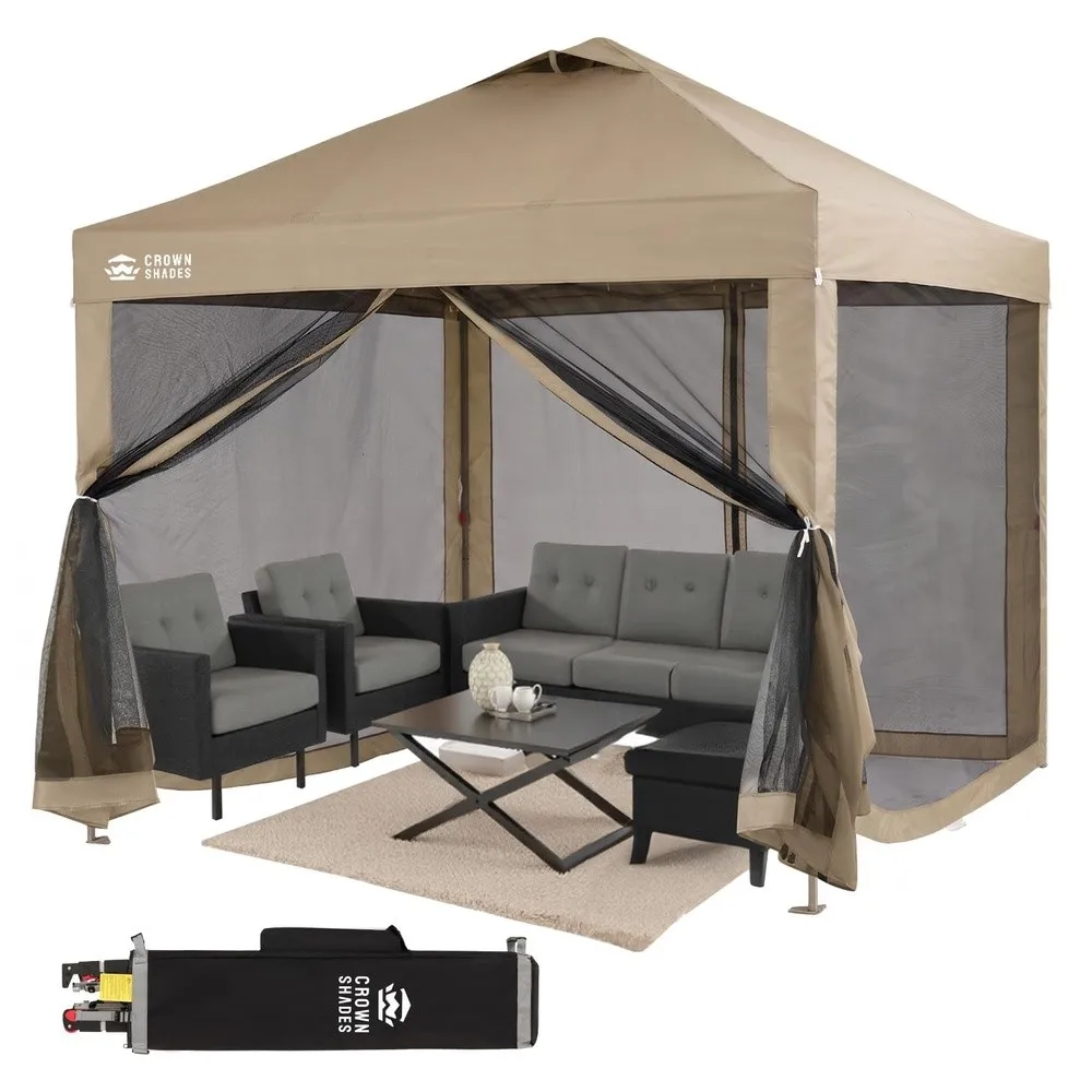 CROWN SHADES Gazebo 10x10 Pop Up Canopy with Mosquito Netting, Beige