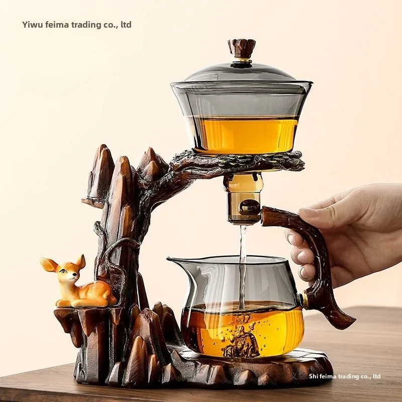 Resin Base Glass Tea Set Magnetic Self Brewing Teapot With Cups Tray Gift