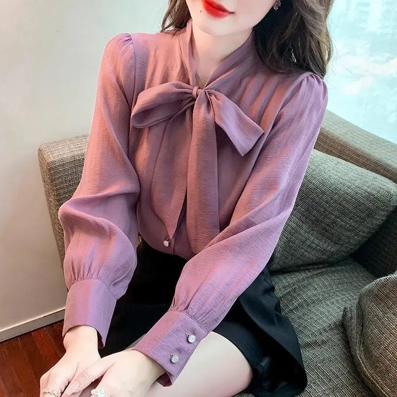 Women\'s Clothing Korean Fashion Bow Lace Up Elegant Shirt Office Lady Commute Chiffon Blouse Casual Solid Long Sleeve Loose Tops