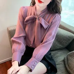 Women's Clothing Korean Fashion Bow Lace Up Elegant Shirt Office Lady Commute Chiffon Blouse Casual Solid Long Sleeve Loose Tops