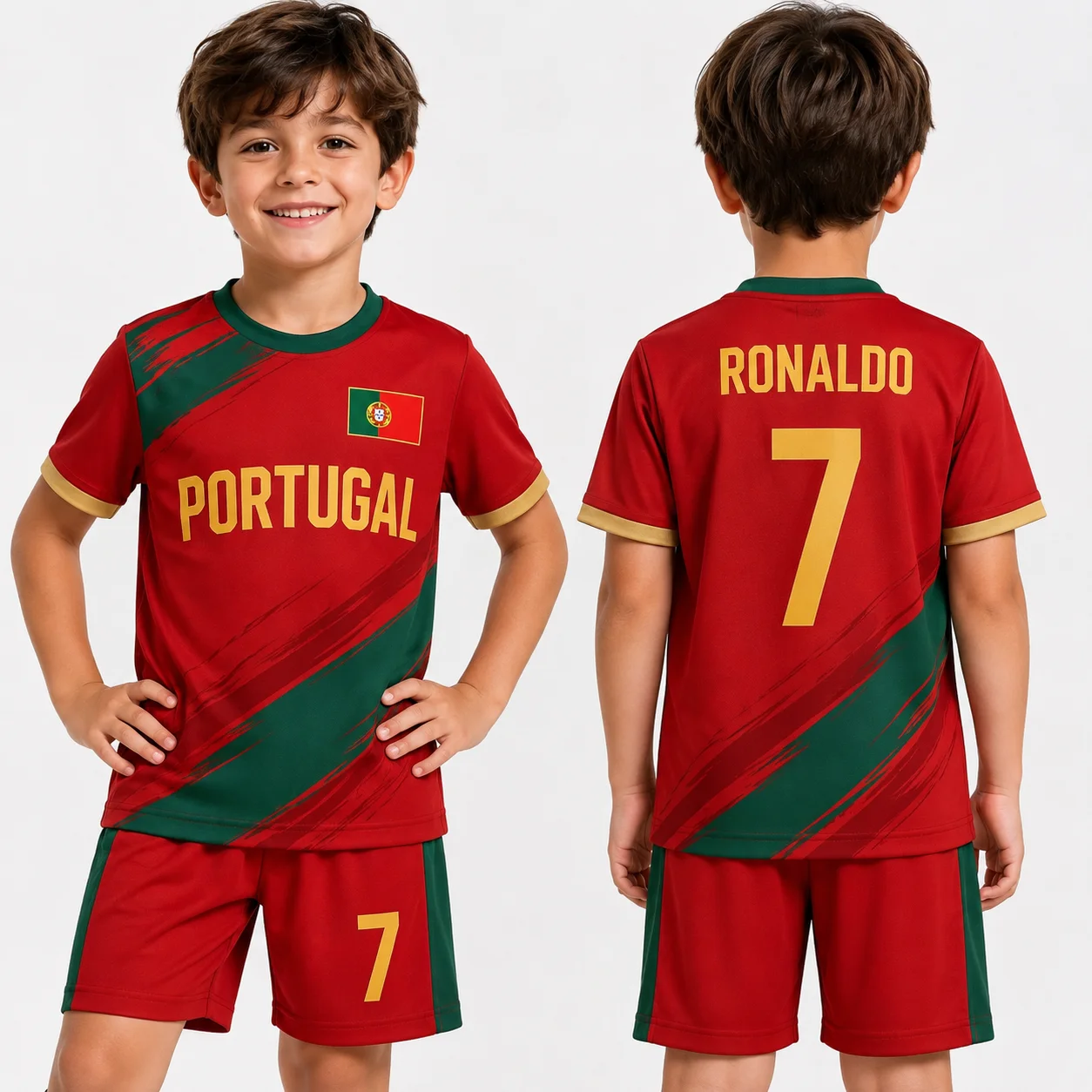 Kinder Ronaldo Nr. 7 Fußballtrikot-Set mit Shorts für Damen und Herren, Harajuku PORTUGAL Fan-Shirt-Shorts-Set, Kinder-Trainingsanzug 2-teiliges Set
