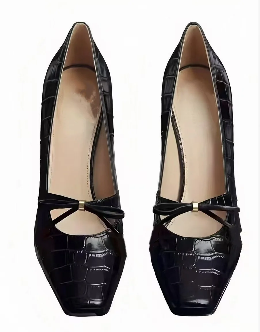 

Black Crocodile Grain Butterfly-Knot Pointed Toe Women Pumps Shoes Stiletto High Heels Slip On Design Large Size Shoes