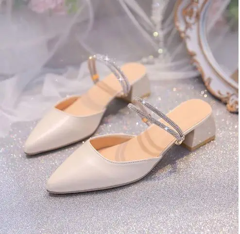 

Women Slippers Female Shoes Pointed Toe Mules for Women 2024 Thin Heels Slippers Soft Beige Heeled Slides Fashion New Comfort