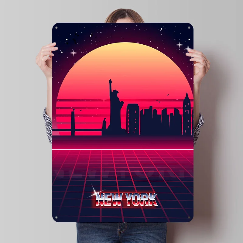 New York Skyline Metal Poster Custom Wall Art Retro Vintage Tinplate Signs for Man Cave Bedroom Decoration Gaming Desk Decor