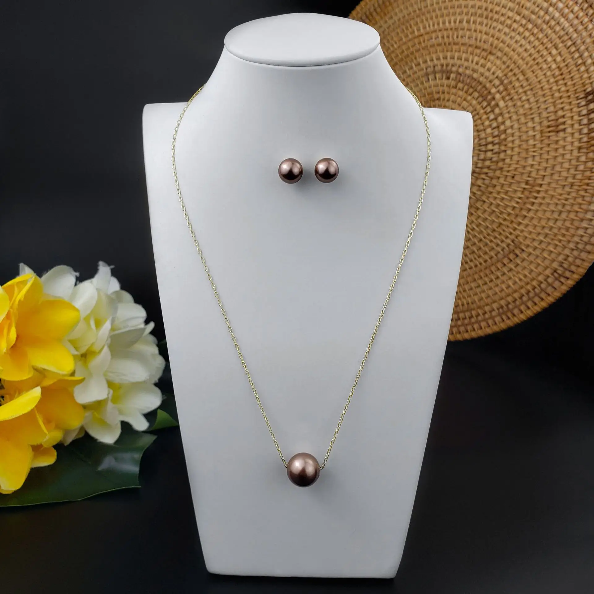 Dainty One Round Floating Mother of Pearl Necklace Earring Jewelry Set Handmade Hawaii Polynesian Bridesmaid Gift