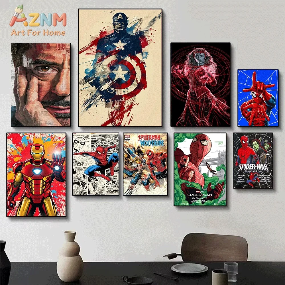 Iron Man Marvel Superhero Canvas Wall Art Captain America Scarlet Witch Spider‑Man Comic Style Unframed Canvas Print for Boys