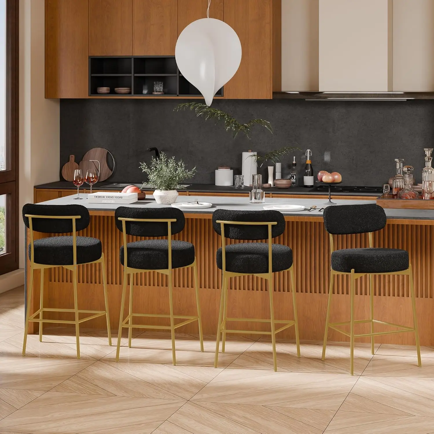 

Gold Bar Stools Set of 4, Black Boucle Upholstered Counter Height Bar Stools, 24 inch Barsrtools with Curved Back,, Custom