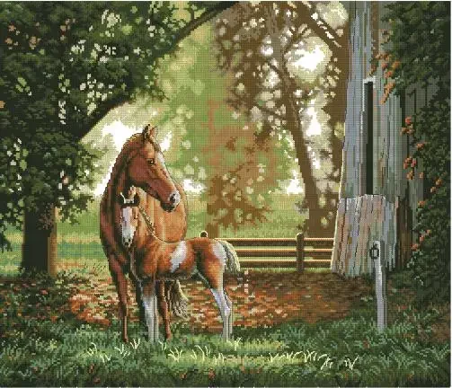 Amishop Top Quality Lovely Hot Sell Counted Cross Stitch Kit Mare And Foal Two Horse Horses Mother And Baby Dim 35260