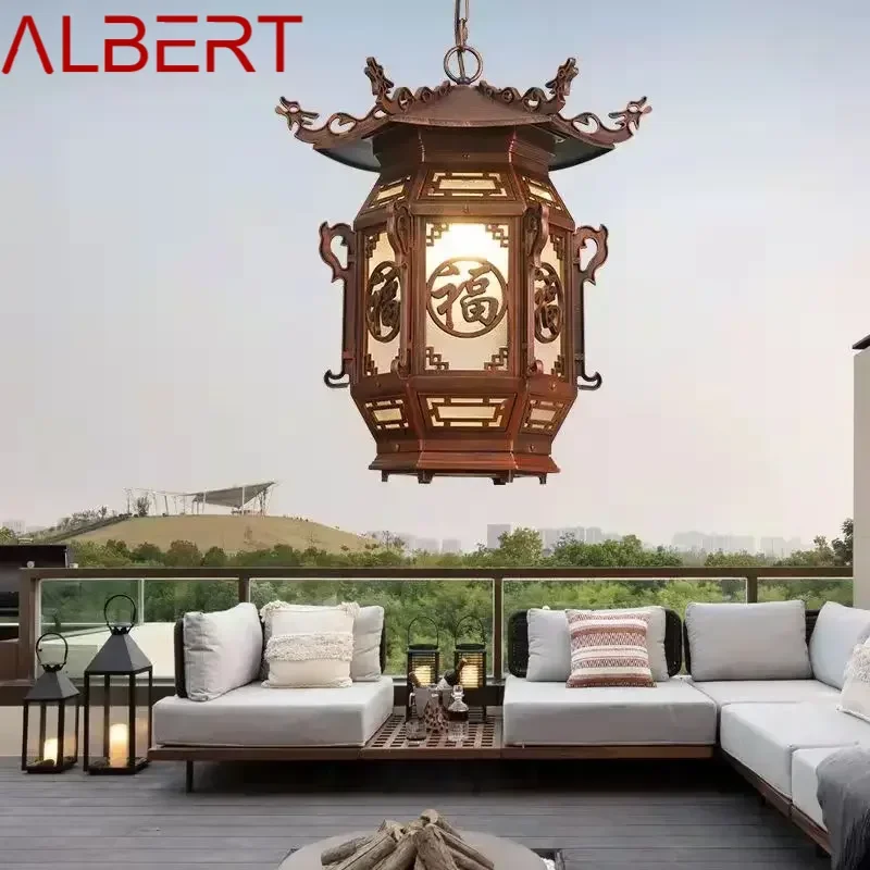 ALBERT Chinese Lantern Pendant Lamps Outdoor Waterproof LED Brown Retro Chandelier for Home Hotel Corridor Decor Electricity