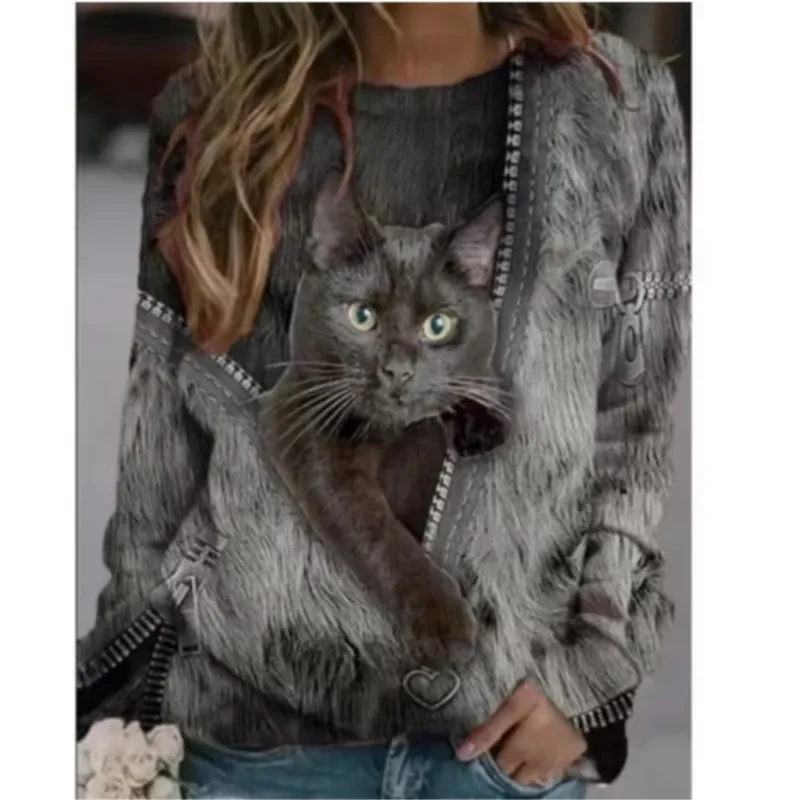 Kawaii Cat Women\'s T-Shirt 3D Print Casual Long Sleeve Tees Oversized Harajuku T-Shirt Clothing Daily Blouse Female Loose Tops