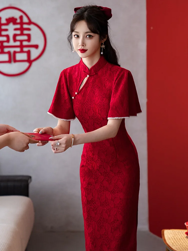 Red Cheongsam Dress High End Elegant Low Collar Young Style Chinese Style Wedding Banquet Party Dress Qipao CH-195