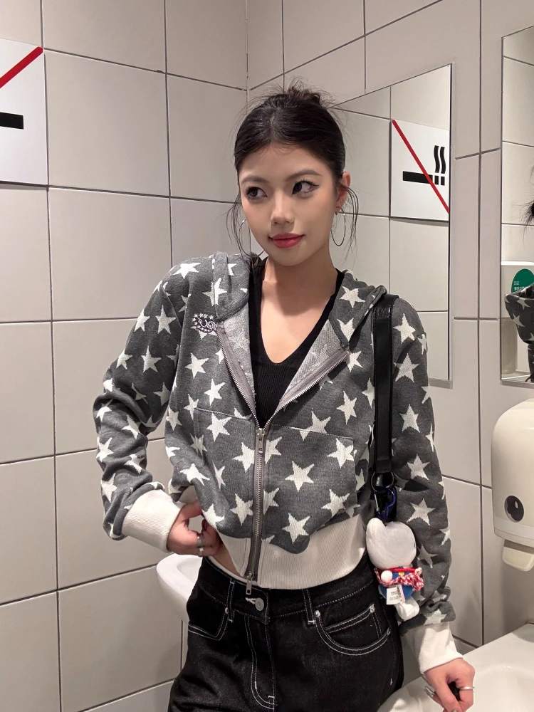 펑크 하라주쿠 아메리칸 빈티지 귀여운 프린트 후드 일본 패션 루즈 Y2k 미적 스웨터 가을 모든 경기 옷 New