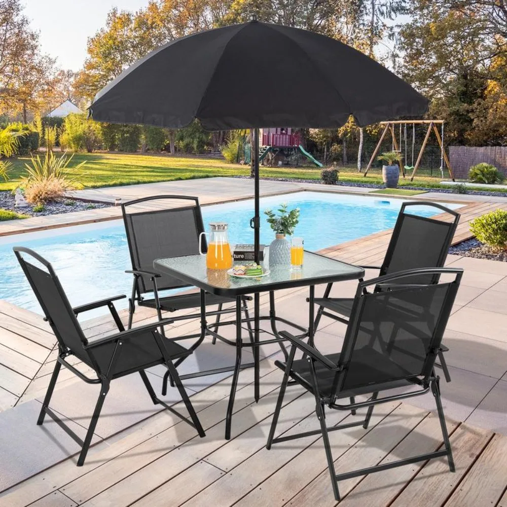 Ensemble de salle à manger de patio pliant 6 pièces avec table en verre et grand parapluie, ensemble table et chaises de patio de jardin extérieur