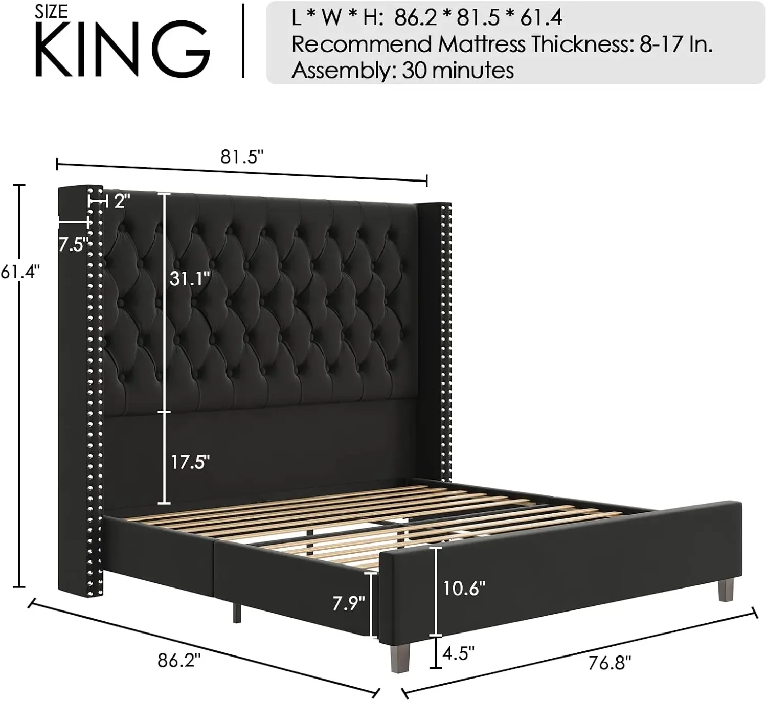 

Queen Bed Frame 61.4" Tall Headboard Upholstered Velvet Platform Bed with Handmade Deep Button Tufted
