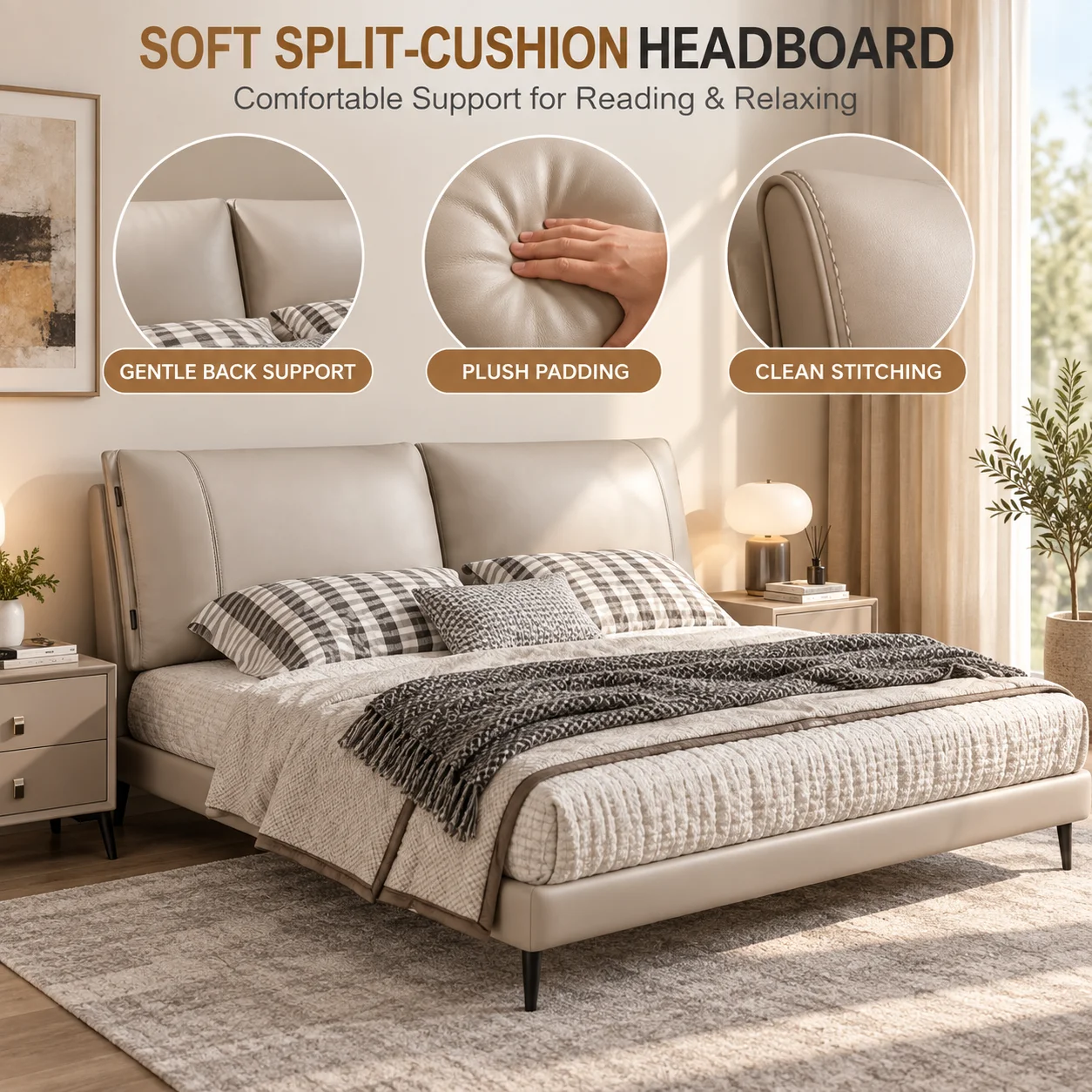 Modern Luxury Italian Minimalist Bed, Ergonomic Split Headboard Beige Leather Upholstered Heavy Support King Size Bed