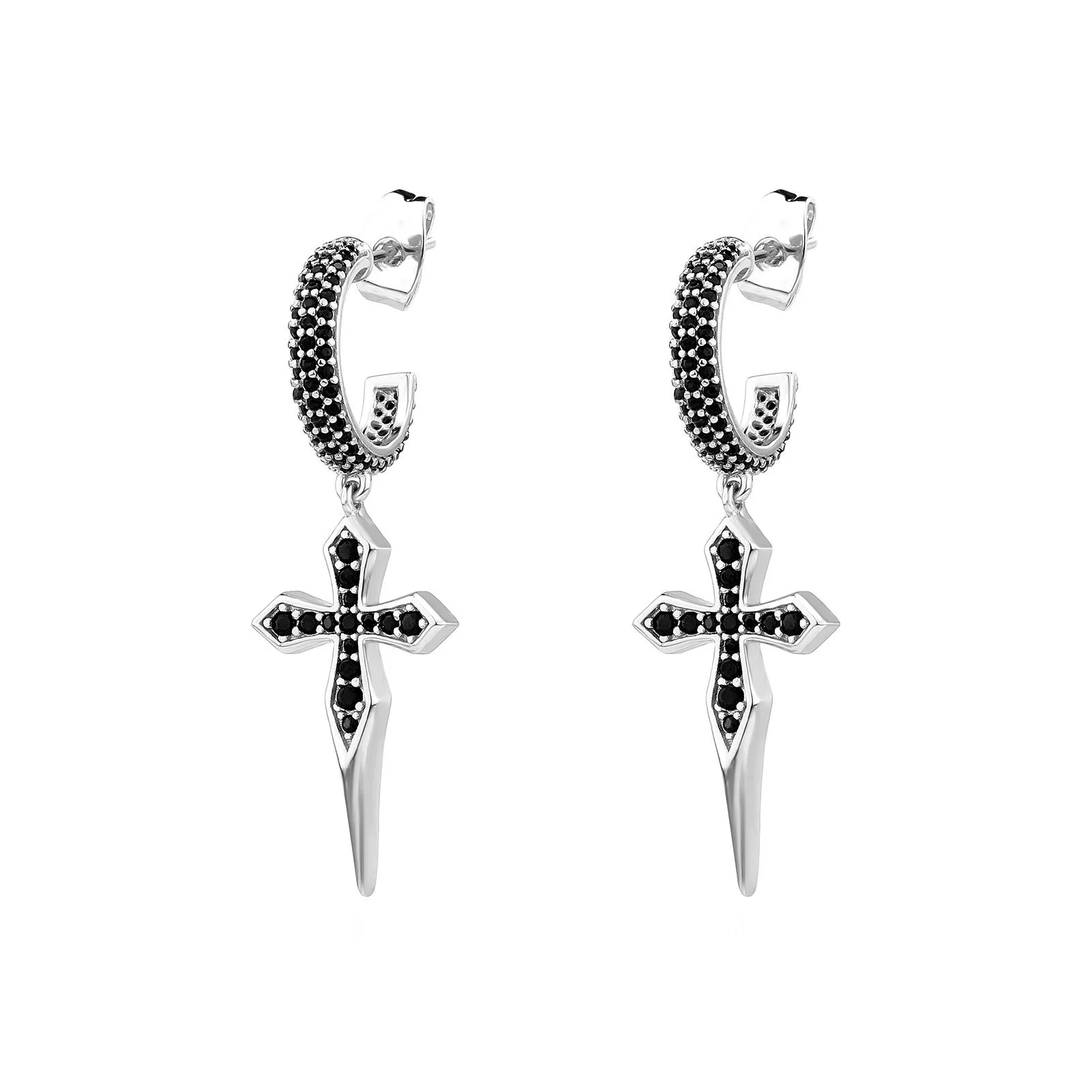 925 Sterling Silver Cross Earrings, High Quality Iced Out Cubic Zirconia Gothic Hip Hop Cross Hoop Earrings, Unisex Gift Jewelry