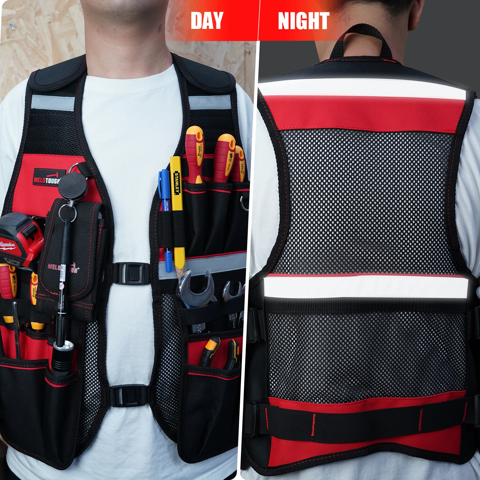 MELOTOUGH Tool Vest Reflective Safety Tool Vest with Removable Phone Holder for Electrician,Carpenter,Construction