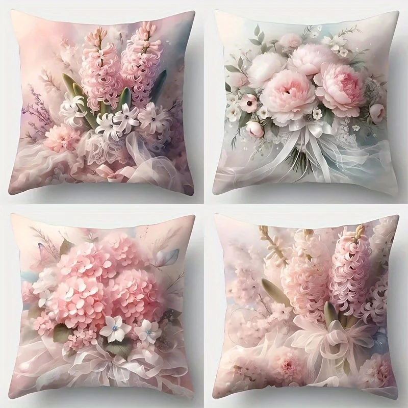 4 Pcs Pink Bouquet Print Pillow Covers – Soft & Cozy Cushion Covers for Living Room Sofa, Bedroom, Office, Car, Home Decor