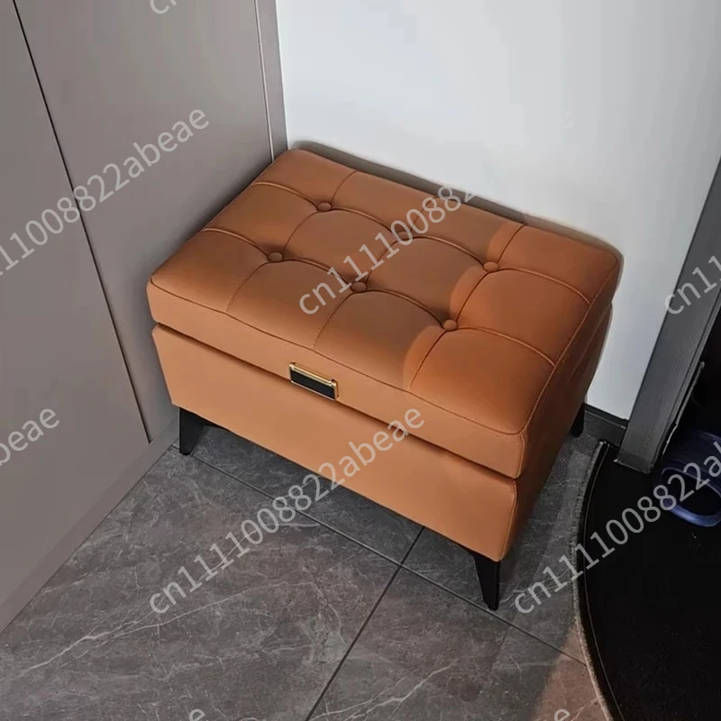 Solid Wood Storage Ottoman, Large Capacity Home Sofa Box, Movable Leather Bed End Bench, Wear-Resistant Entryway Shoe Stool