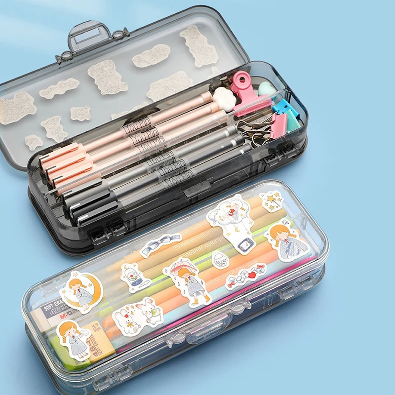 Bview Art Large-capacity transparent pencil case high-color student double-open stationery box multifunctional pencil case